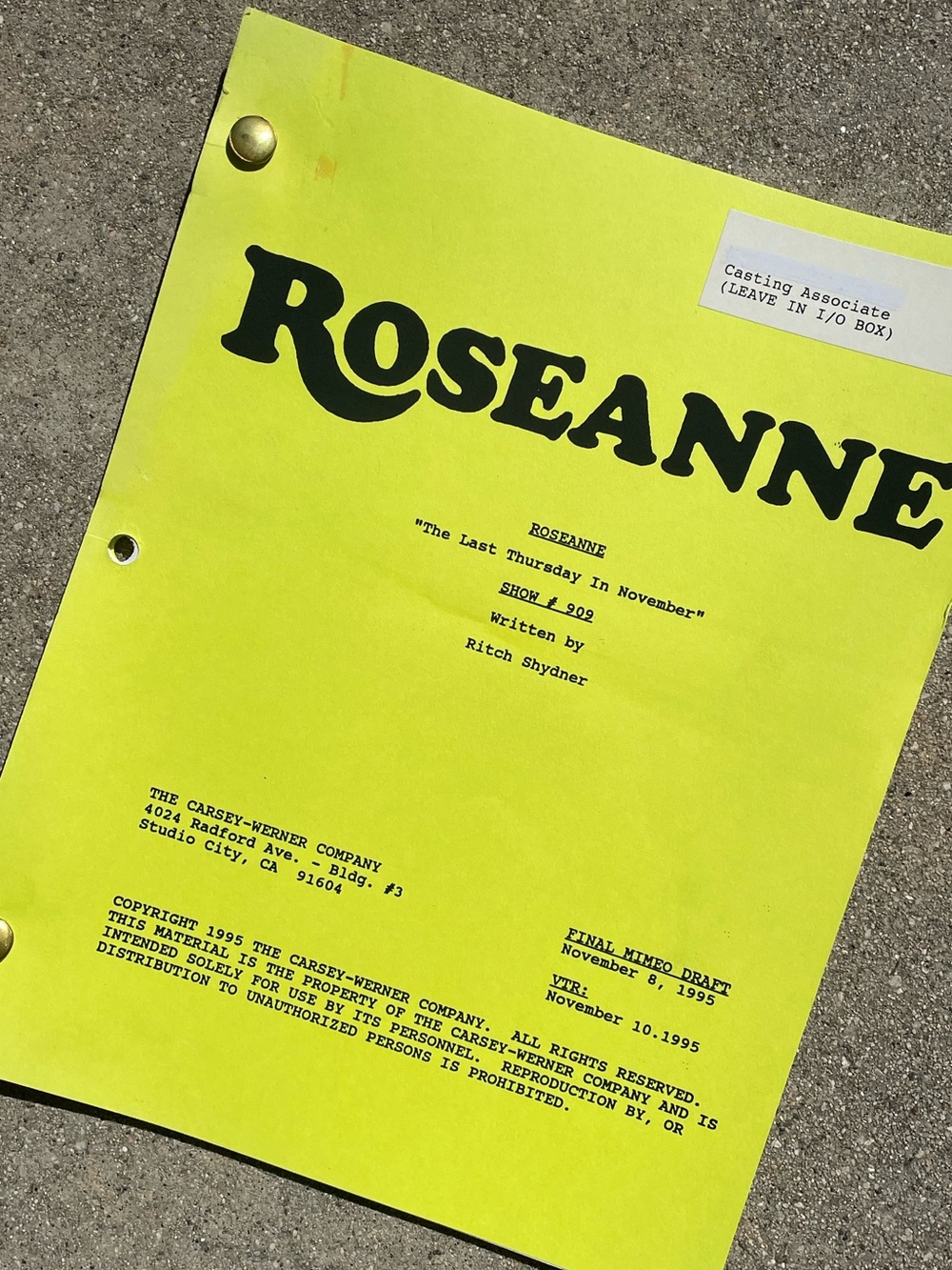 Roseanne 1995 Production Used Final Mimeo Draft Script Last Thursday In November